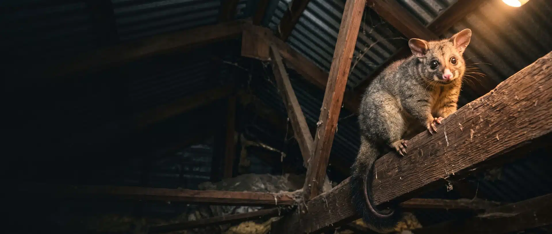 Brushtail possum standing on a timber roof beam inside a Melbourne roof void