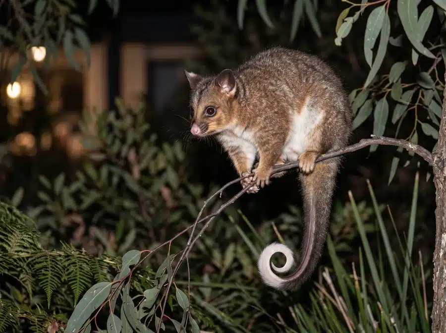 Common ringtail possum with white tipped tail on a branch